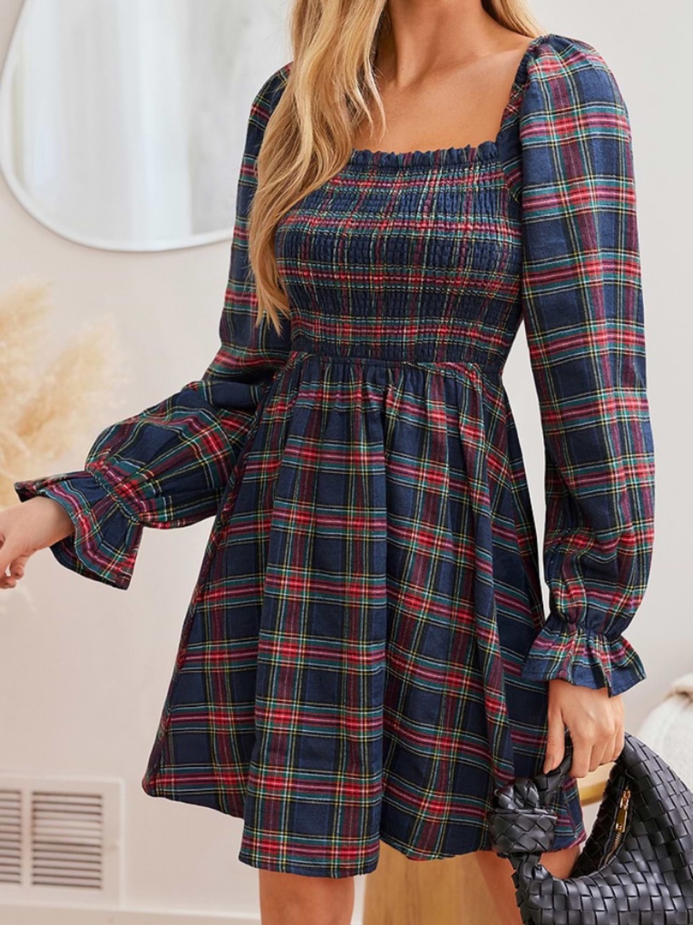Cupshe Heritage Hues Plaid Long Sleeve Mini Dress - Navy Multi